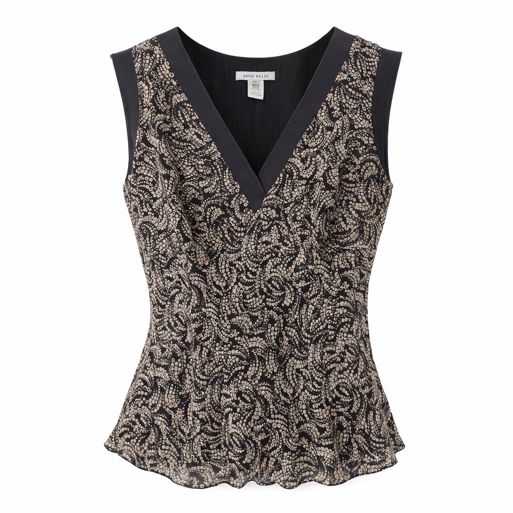 Vintage Nine West Babydoll Silk Geometric Tank Top Size XL Black Brown Boho Y2K‎